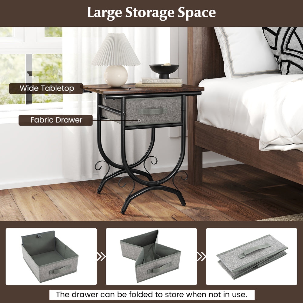 Side table with a wide tabletop and foldable fabric drawer, featuring a carved metal frame for living room or bedroom.