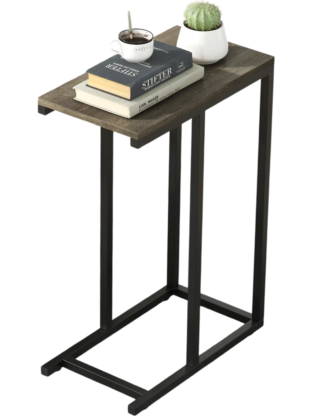 C-shaped side table with oak wood grain finish and heavy-duty metal frame, perfect for tight spaces and afternoon tea.