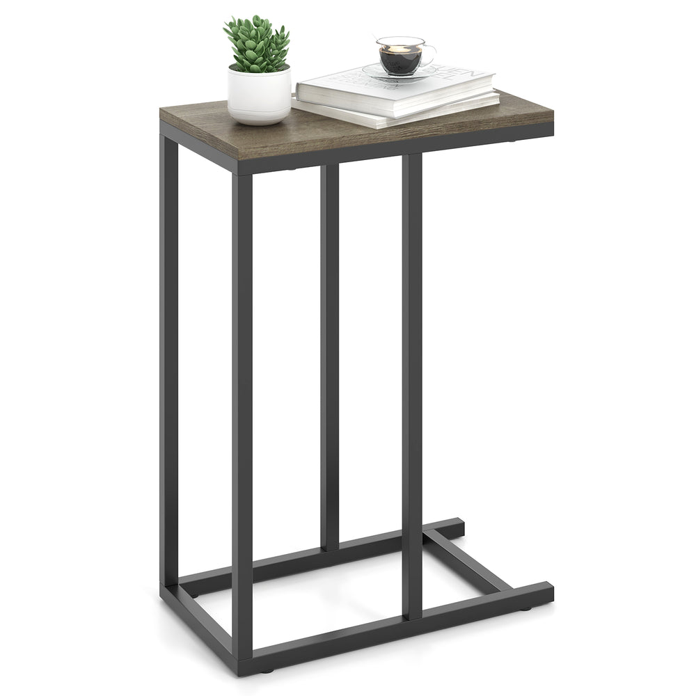 C-shaped side table with oak finish and metal frame, perfect for tight spaces and stable support for laptops or drinks.