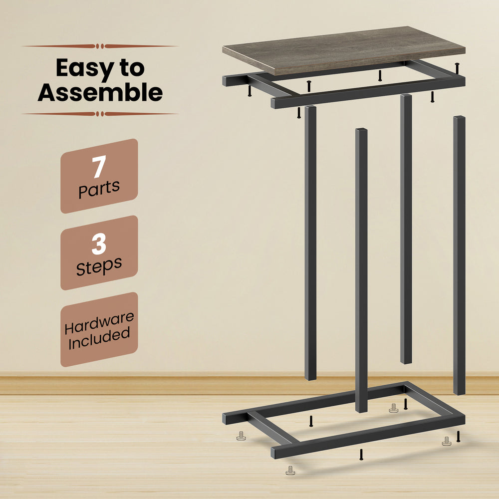 C-shaped side table with oak finish and heavy-duty metal frame, showcasing easy assembly with 7 parts and adjustable.