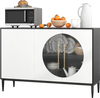 Sideboard cabinet with tempered glass door, white finish, adjustable shelves, ideal for kitchen or dining room storage.
