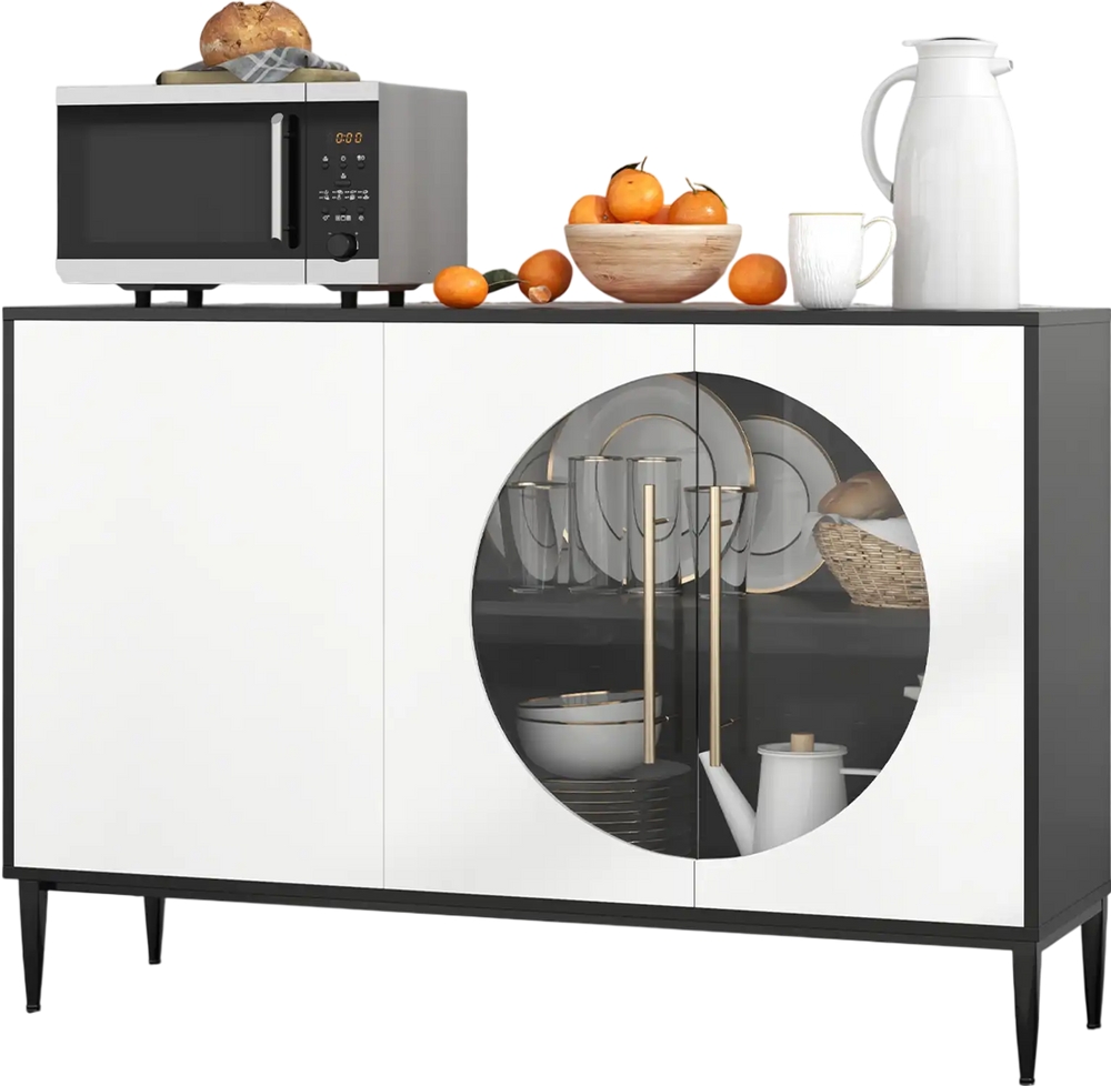 Sideboard cabinet with tempered glass door, white finish, adjustable shelves, ideal for kitchen or dining room storage.