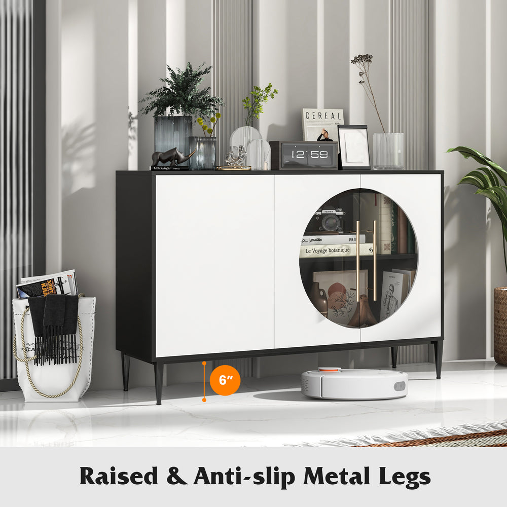 Sideboard cabinet with tempered glass door, raised metal legs, and adjustable shelves for versatile storage in any room.