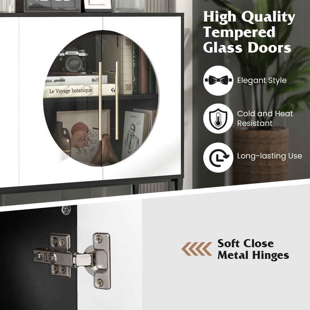 Close-up of the high-quality tempered glass doors on a white sideboard cabinet, showcasing elegant design and.