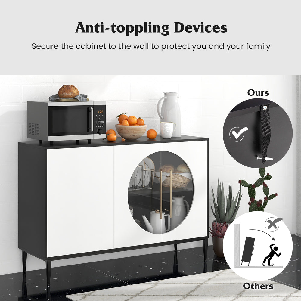 Sideboard cabinet with tempered glass doors, anti-toppling devices, and adjustable shelves for versatile storage in any.