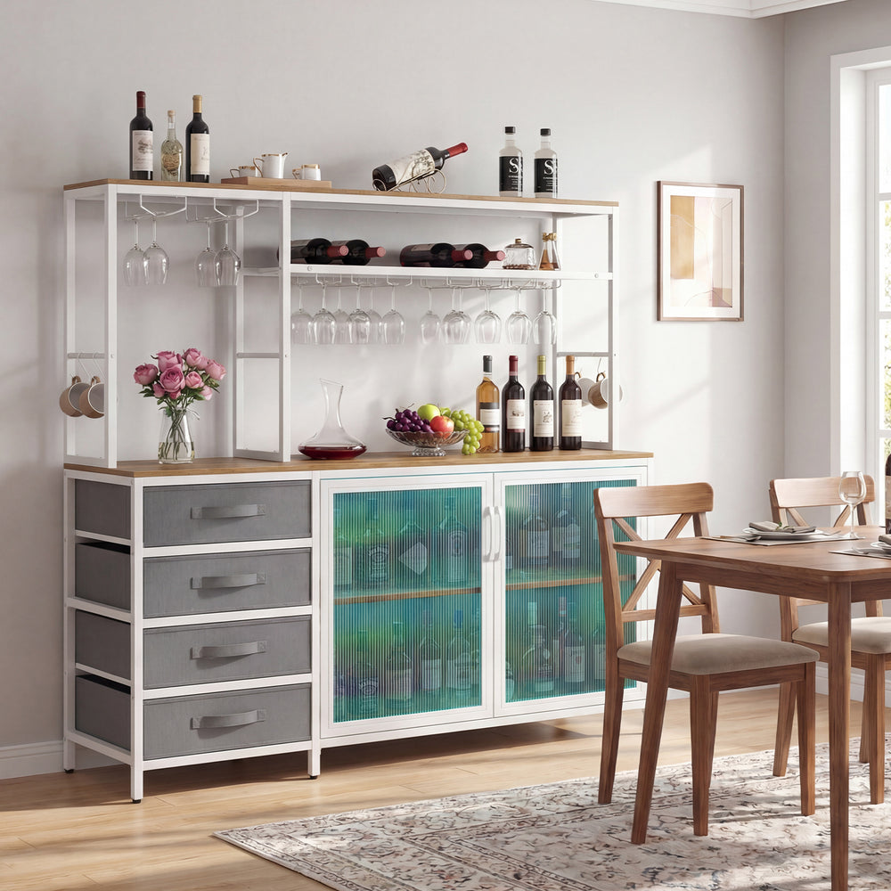 Sideboard buffet cabinet with LED lights, featuring 2-door storage, 4 drawers, and wine glass holders for organized.