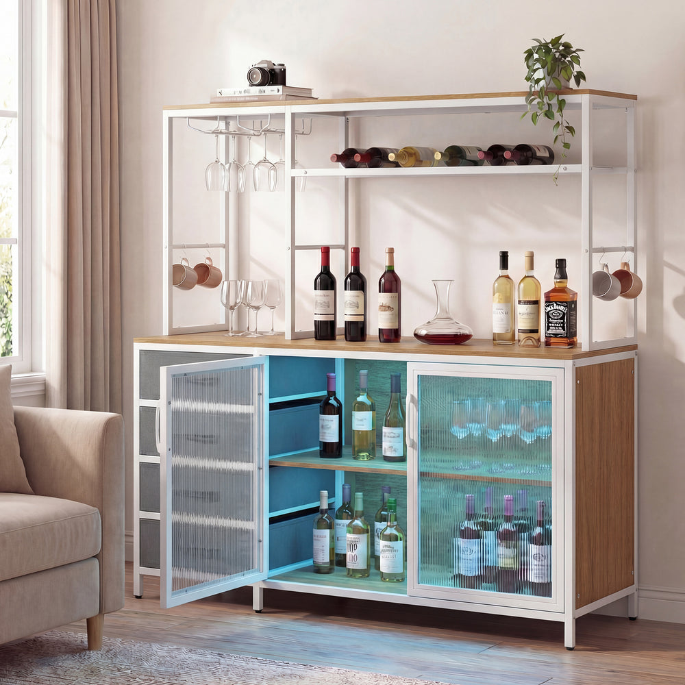 Sideboard buffet cabinet with LED lights, featuring wine glass holders, a wine rack, and a 2-door cabinet for organized.