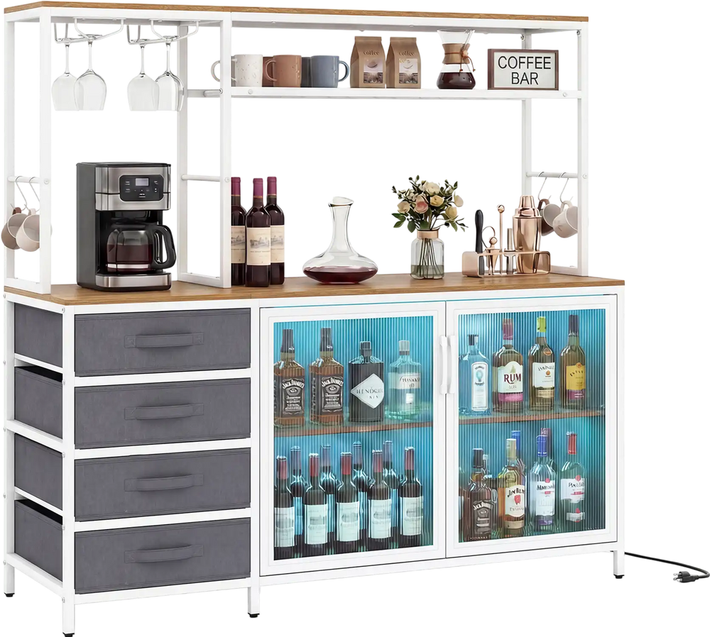 Sideboard buffet cabinet with LED lights, featuring a 2-door cabinet, 4 drawers, and wine storage for organized living.