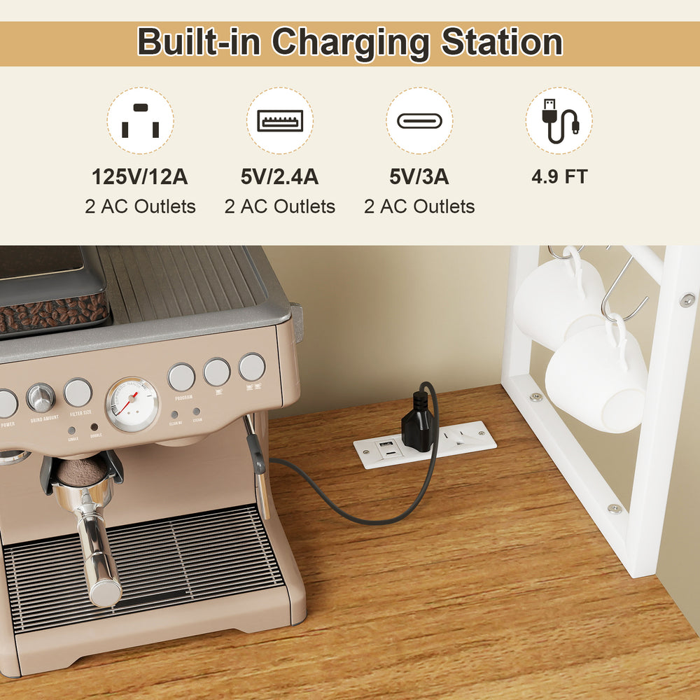 Sideboard buffet cabinet with LED lights, 2-door storage, wine rack, and integrated charging station for versatile use.