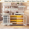 Sideboard buffet cabinet with LED lights, wine bottle rack, and 4 fabric drawers for organized storage in living spaces.