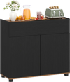 Black sideboard buffet cabinet with storage, featuring a wooden surface and push-to-open doors for kitchen or dining.