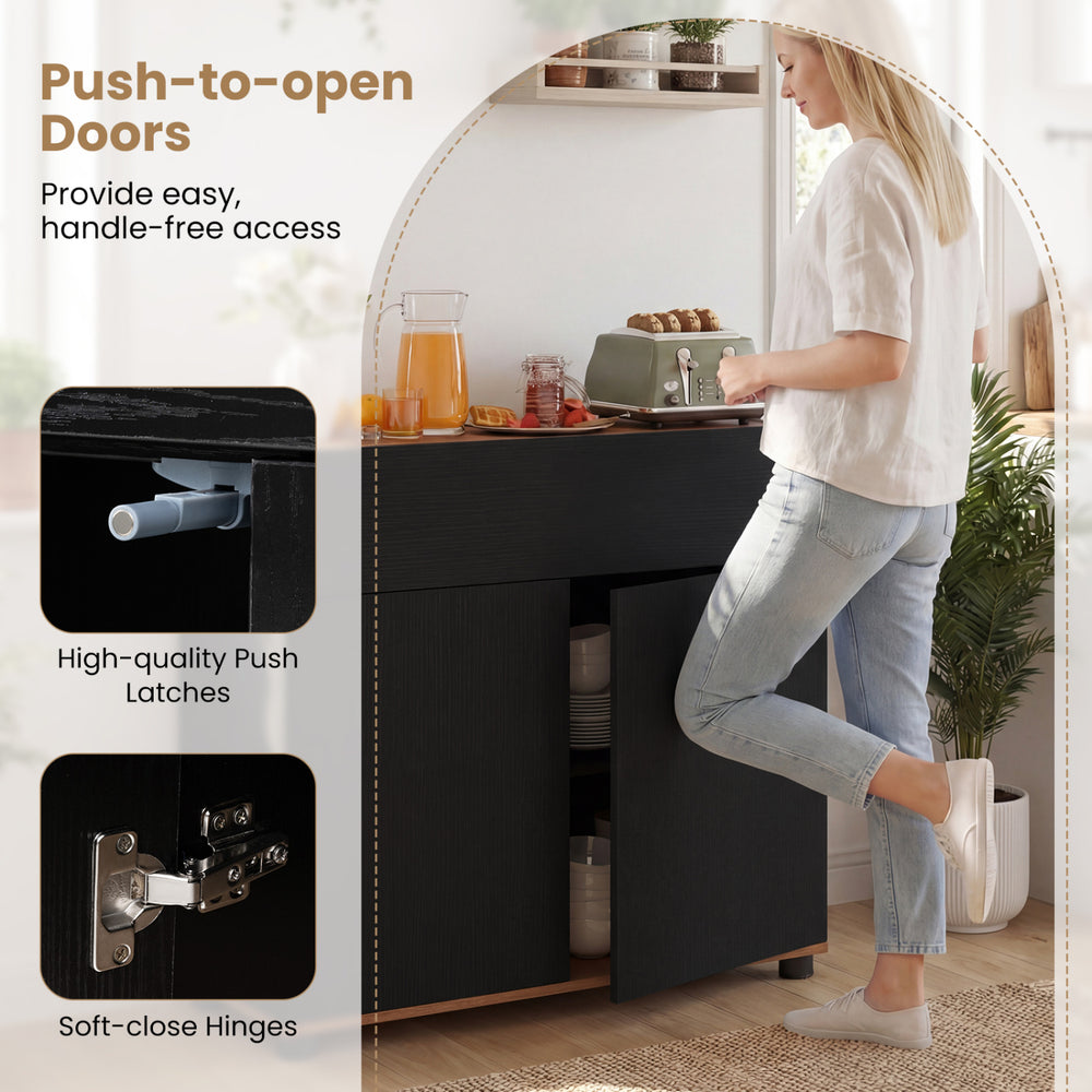 Sideboard buffet cabinet in black with push-to-open doors, soft-close hinges, and rustic wood-like surface for kitchen.