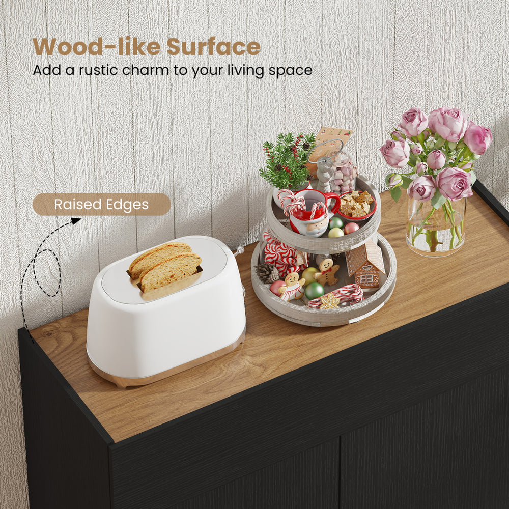 Wood-like surface of the black sideboard buffet cabinet with raised edges, perfect for kitchen or dining room storage.