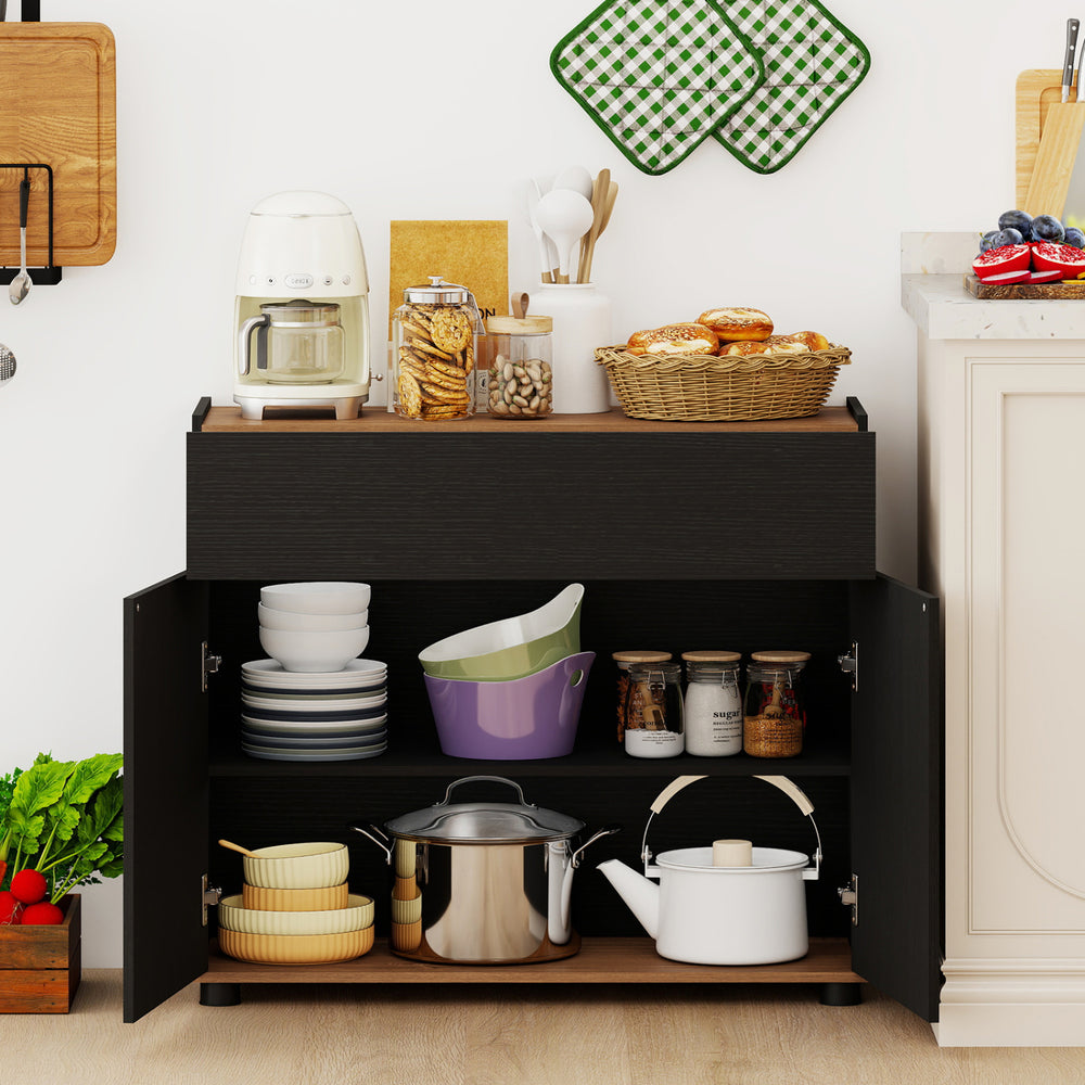 Black sideboard buffet cabinet with storage, featuring a wooden surface and ample space for kitchen essentials.