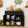 Black sideboard buffet cabinet with storage, featuring a wooden surface and ample space for kitchen essentials.