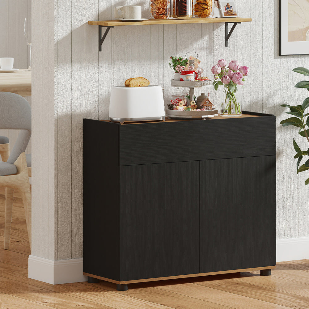 Black sideboard buffet cabinet with storage, featuring push-to-open doors and rustic charm for kitchen or dining room.