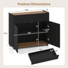 Sideboard buffet cabinet in black with dimensions, featuring push-to-open doors and ample storage for kitchen.