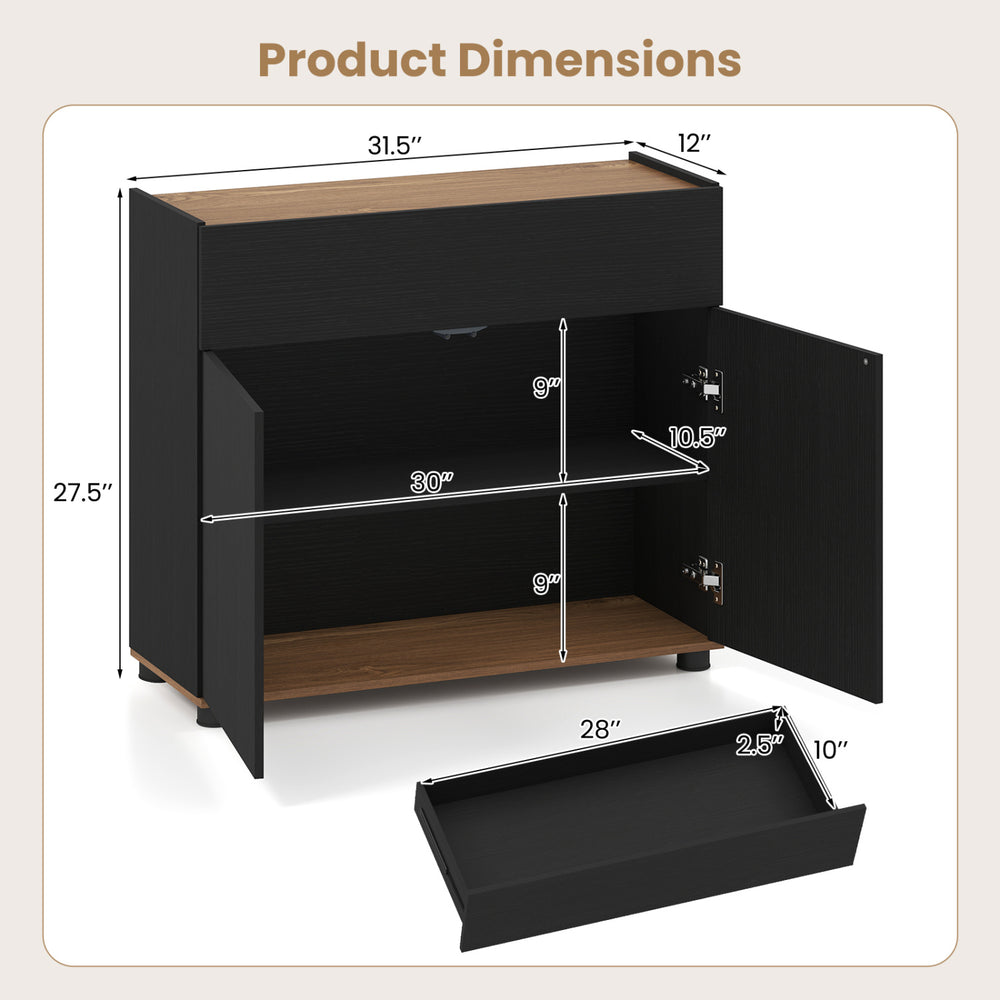 Sideboard buffet cabinet in black with dimensions, featuring push-to-open doors and ample storage for kitchen.
