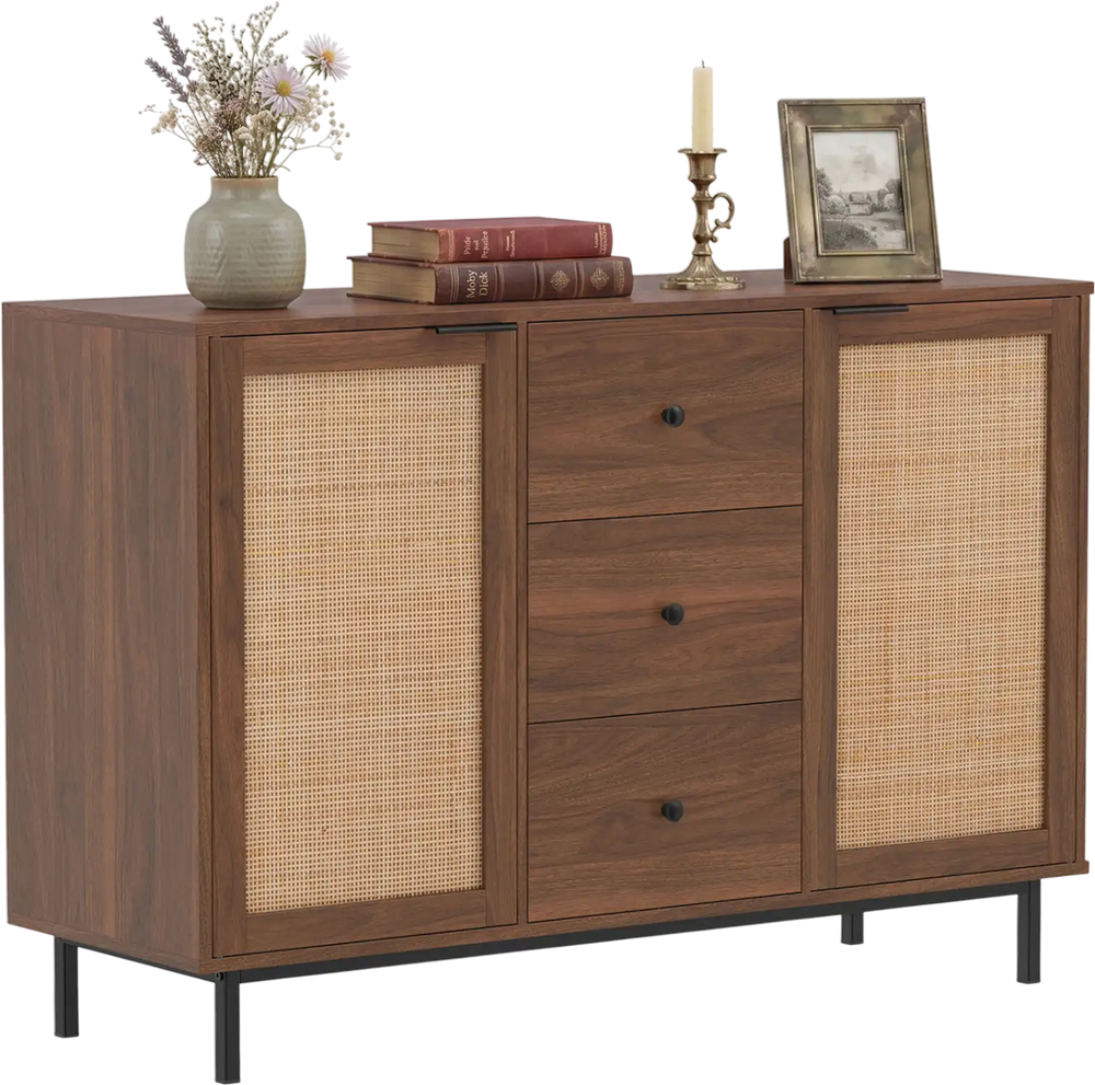 Sideboard buffet cabinet in brown with a spacious tabletop and natural rattan doors, ideal for kitchen or hallway decor.