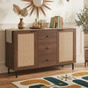 Rustic farmhouse sideboard buffet cabinet in brown with 2 rattan doors and 3 drawers, perfect for stylish storage.