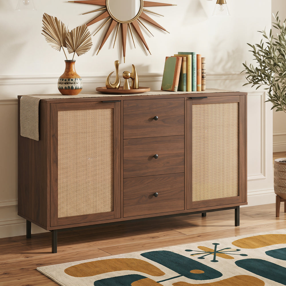 Rustic farmhouse sideboard buffet cabinet in brown with 2 rattan doors and 3 drawers, perfect for stylish storage.