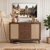 Rustic farmhouse sideboard buffet cabinet in brown with rattan doors, three drawers, and spacious tabletop for versatile storage.