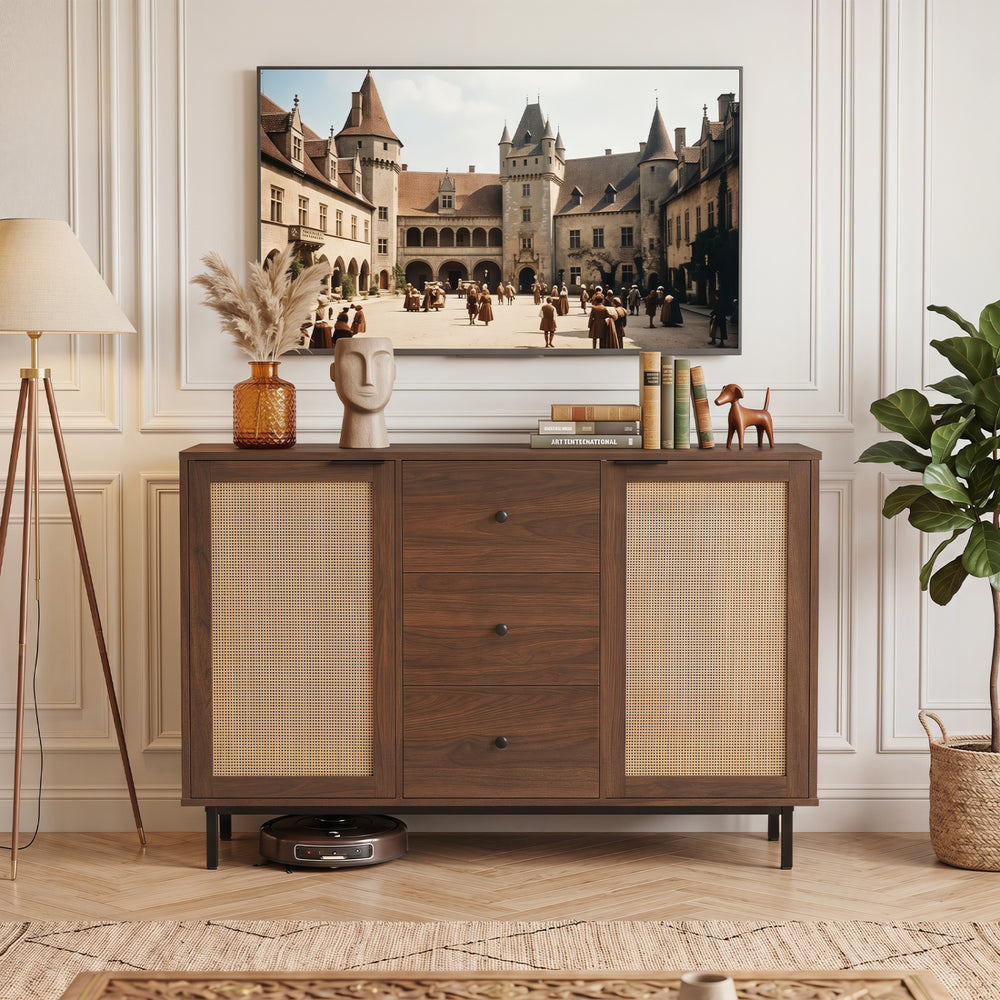 Rustic farmhouse sideboard buffet cabinet in brown with rattan doors, three drawers, and spacious tabletop for versatile storage.