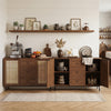 Rustic farmhouse sideboard buffet cabinet in brown with rattan doors, spacious tabletop, and three drawers for versatile storage.