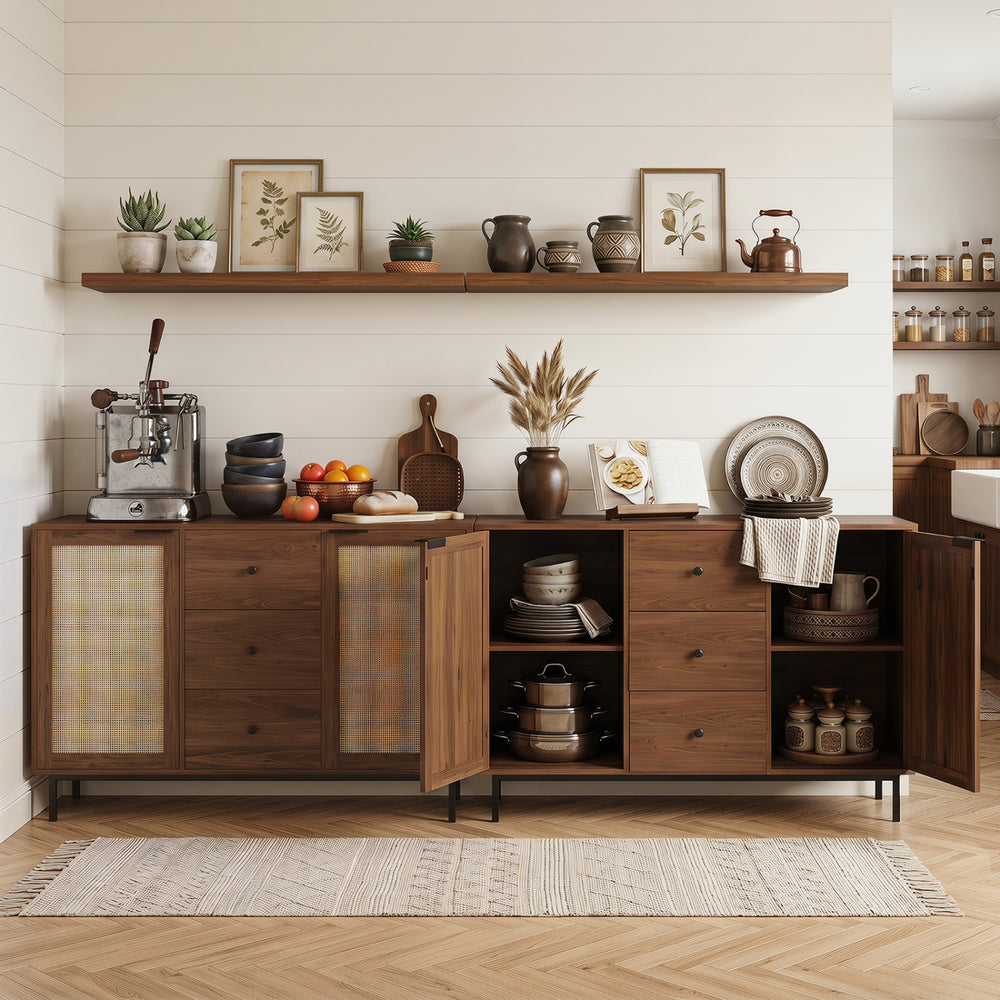 Rustic farmhouse sideboard buffet cabinet in brown with rattan doors, spacious tabletop, and three drawers for versatile storage.