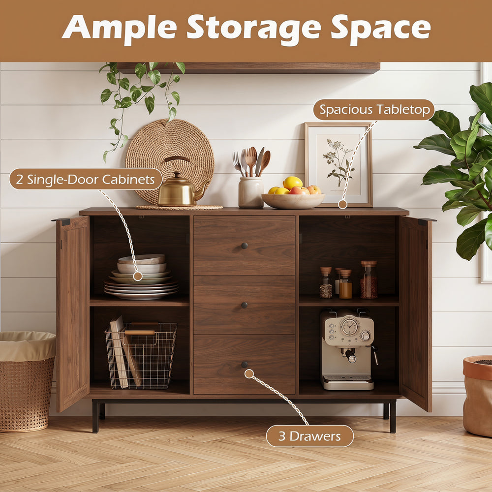 Rustic farmhouse sideboard buffet cabinet featuring 2 rattan doors, 3 drawers, and a spacious tabletop for versatile storage.
