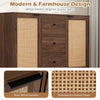 Rustic farmhouse sideboard buffet cabinet in brown featuring handwoven rattan doors and three spacious drawers for versatile storage.
