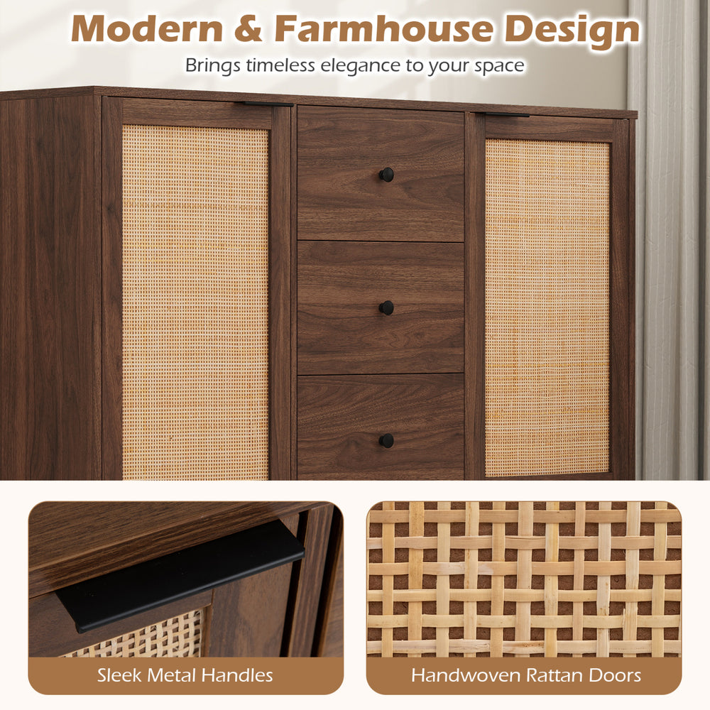 Rustic farmhouse sideboard buffet cabinet in brown featuring handwoven rattan doors and three spacious drawers for versatile storage.