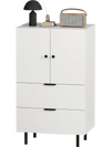 White sideboard buffet cabinet with 2 doors and drawers, ideal for dining supplies, featuring sturdy metal legs.