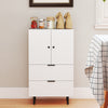 White sideboard buffet cabinet with two doors and drawers, ideal for dining supplies in living or dining rooms.