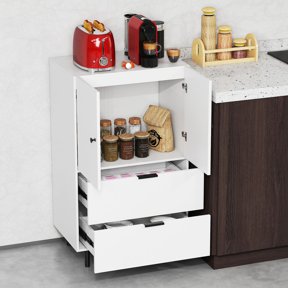 White sideboard buffet cabinet with 2 doors and drawers, ideal for organizing dining supplies in kitchen or dining room.