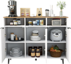 White sideboard buffet cabinet with adjustable shelves, open compartments, and storage doors, ideal for kitchen.