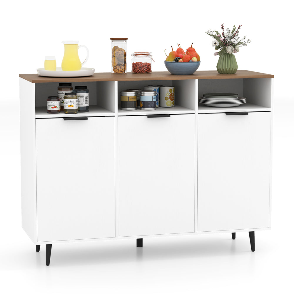 Sideboard buffet cabinet in white with adjustable shelves, three doors, and open compartments for versatile kitchen.