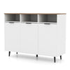 White sideboard buffet cabinet with three doors, adjustable shelves, and stable metal legs for versatile kitchen.