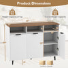 Dimensions of the white sideboard buffet cabinet with adjustable shelves, featuring 3 open compartments and 3 doors.