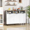 White sideboard buffet cabinet with adjustable shelves, three doors, and open compartments for versatile kitchen.