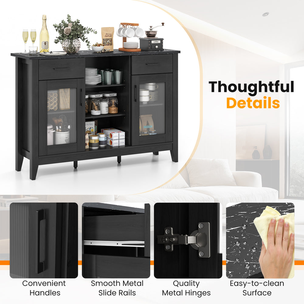Black sideboard buffet cabinet with 2 drawers, 4 adjustable shelves, and faux marble top for stylish storage.