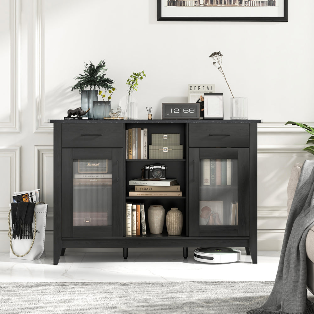 Black sideboard buffet cabinet featuring 2 drawers, 4 adjustable shelves, and a faux marble top for versatile storage.