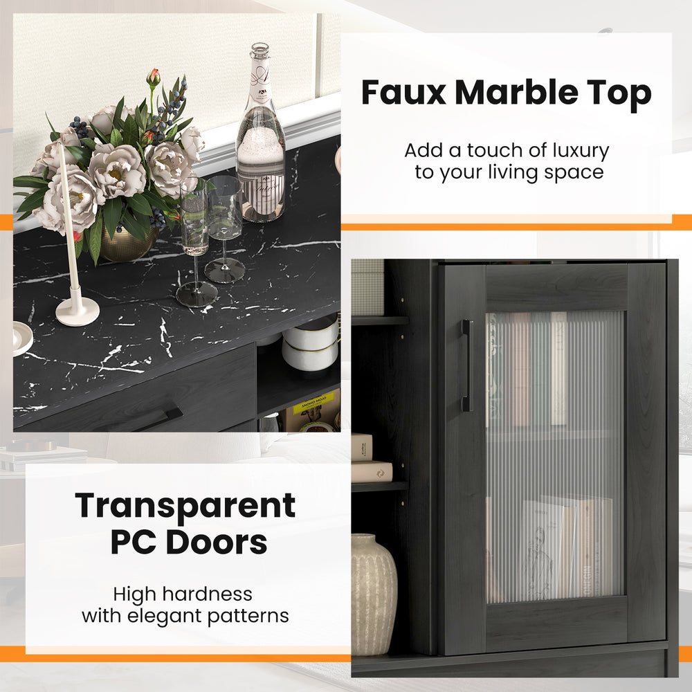 Sideboard buffet cabinet with faux marble top, transparent PC doors, and 2 drawers for stylish multi-purpose storage.