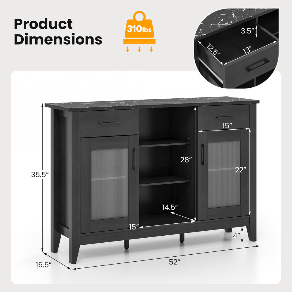 Sideboard buffet cabinet in black with faux marble top, featuring 2 drawers and 4 adjustable shelves for versatile.