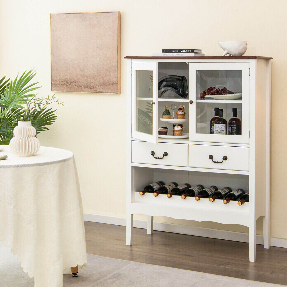 White sideboard buffet cabinet with tempered glass doors, wine rack, and two drawers for organized storage and display.