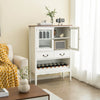 White sideboard buffet cabinet featuring a spacious countertop, two tempered glass doors, and an open wine rack for.