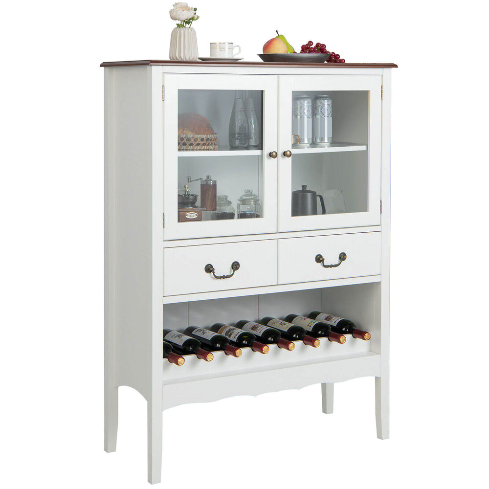 White sideboard buffet cabinet with 2 tempered glass doors, wine rack, and pull-out drawers for organized storage.