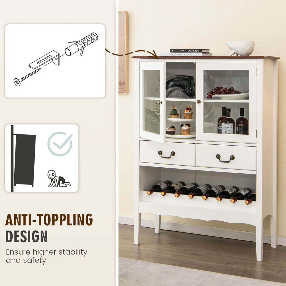 Sideboard buffet cabinet in white with 2 tempered glass doors, adjustable shelves, and an open wine rack for organized.