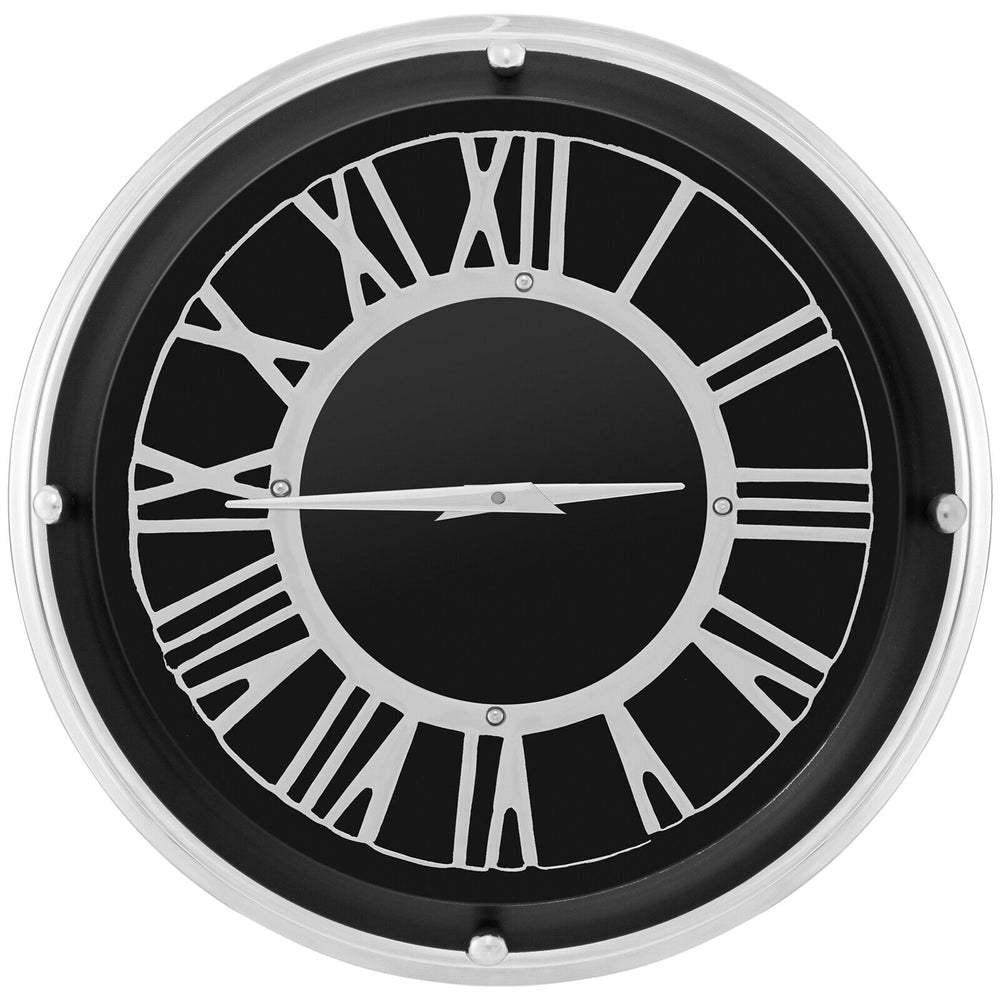 Silent wall clock with silver frame and decorative numbers, featuring a dust-proof glass cover for easy maintenance.