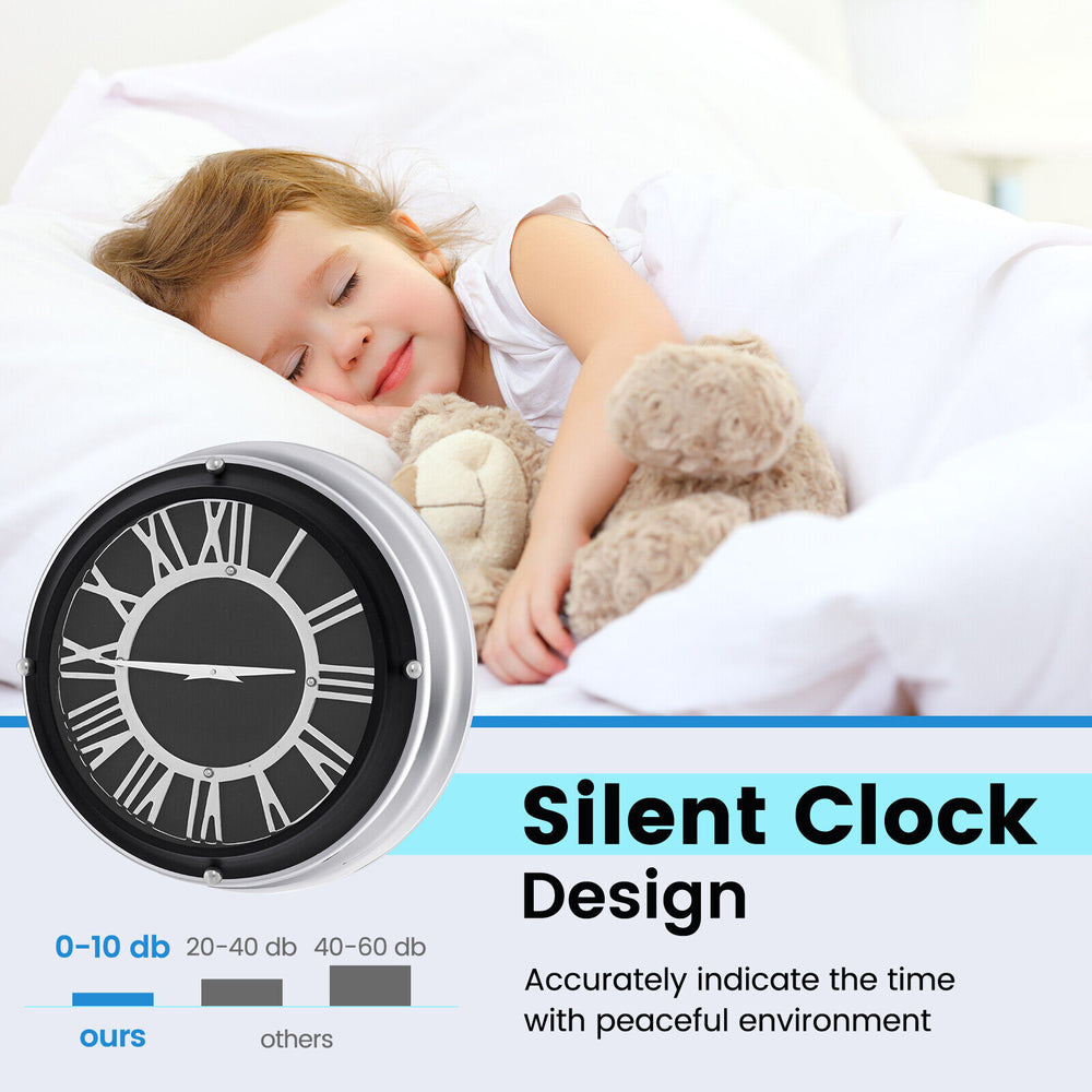 Silent wall clock with silver frame, featuring decorative numbers and silent design for a peaceful environment.